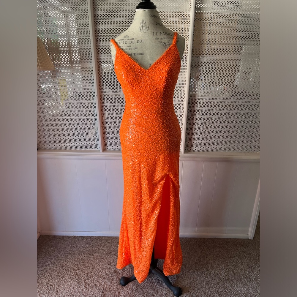 Orange Sequined Prom Dress With Slit